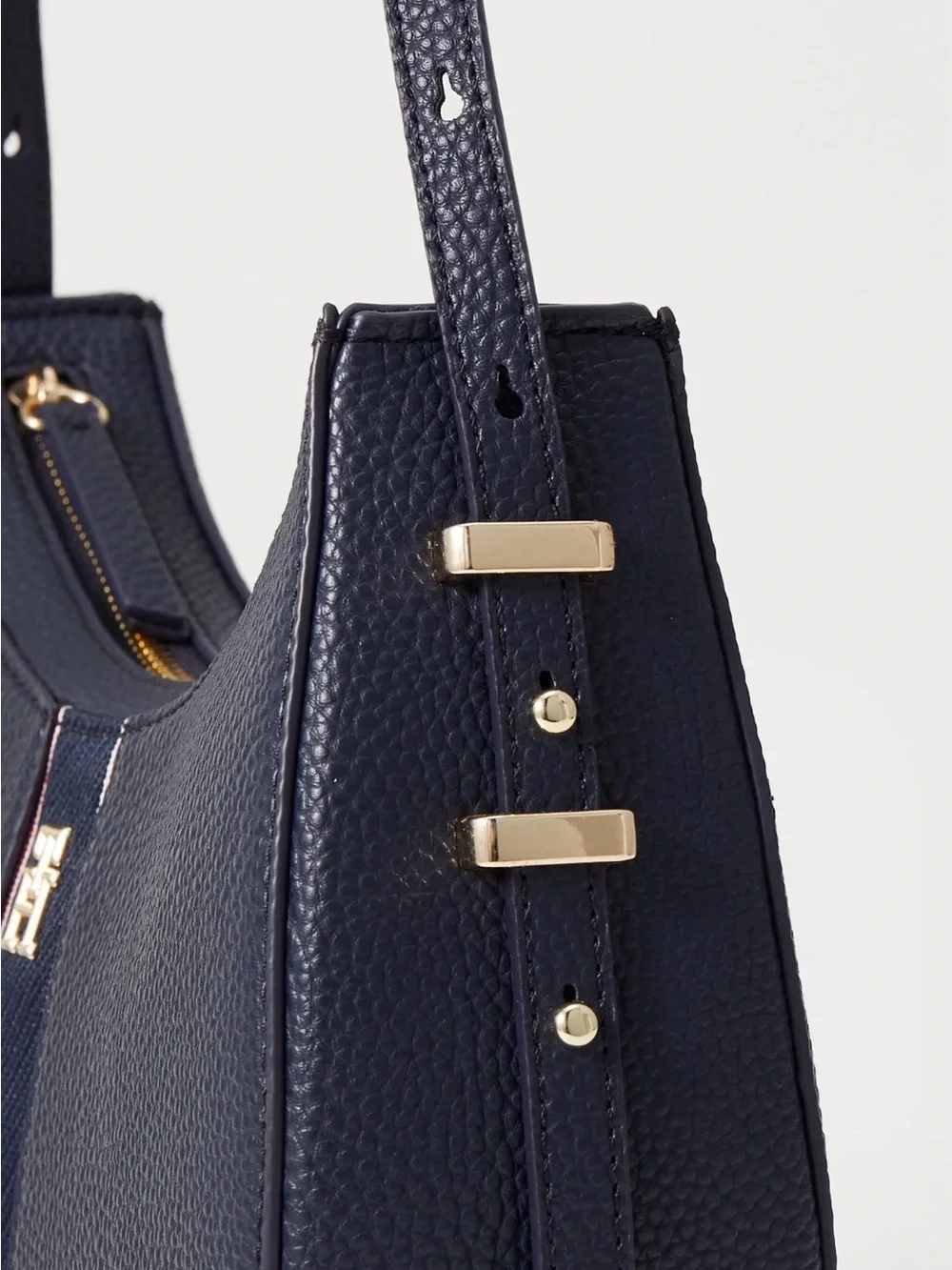 Tommy Hilfiger Navy Pebbled Leather Crescent Crossbody with Red & White Trim